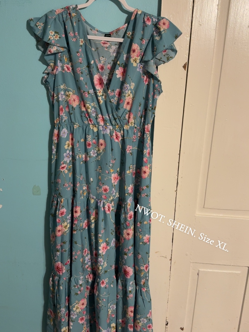SHEIN Teal Floral Wrap-Ruffle Summer Dress